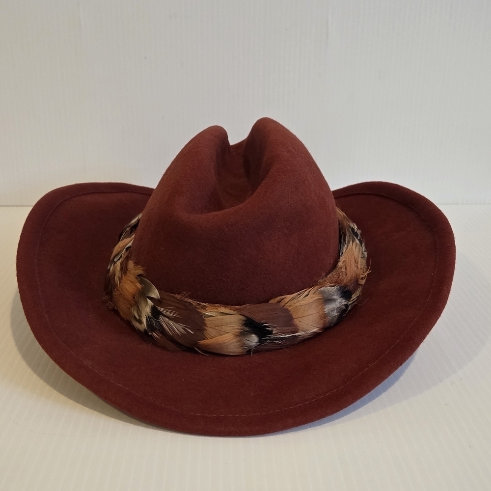 Betmar New York 100% Wool Hat Cowboy Fedora Style Red Rust Designer Feather Band - Picture 2 of 16